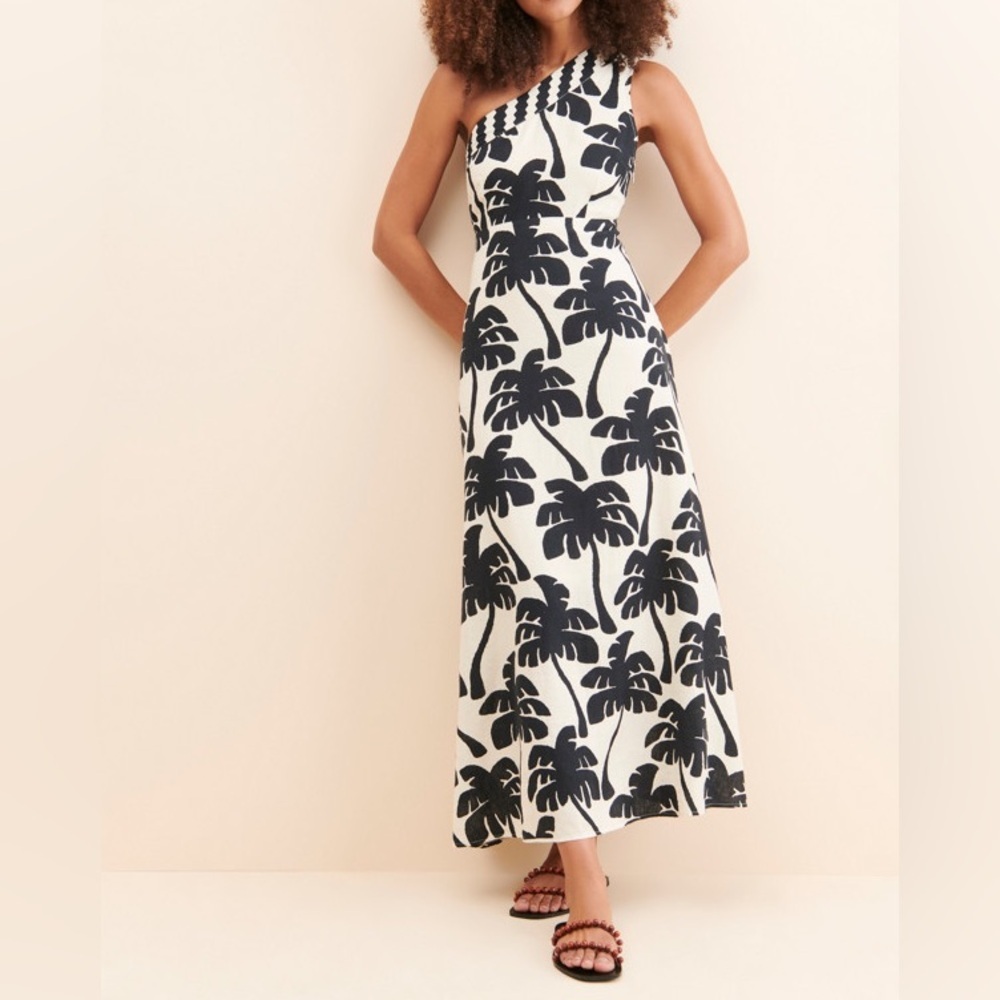 Farm Rio One-Shoulder Black & White Linen Palm Tree Maxi Dress - Size M